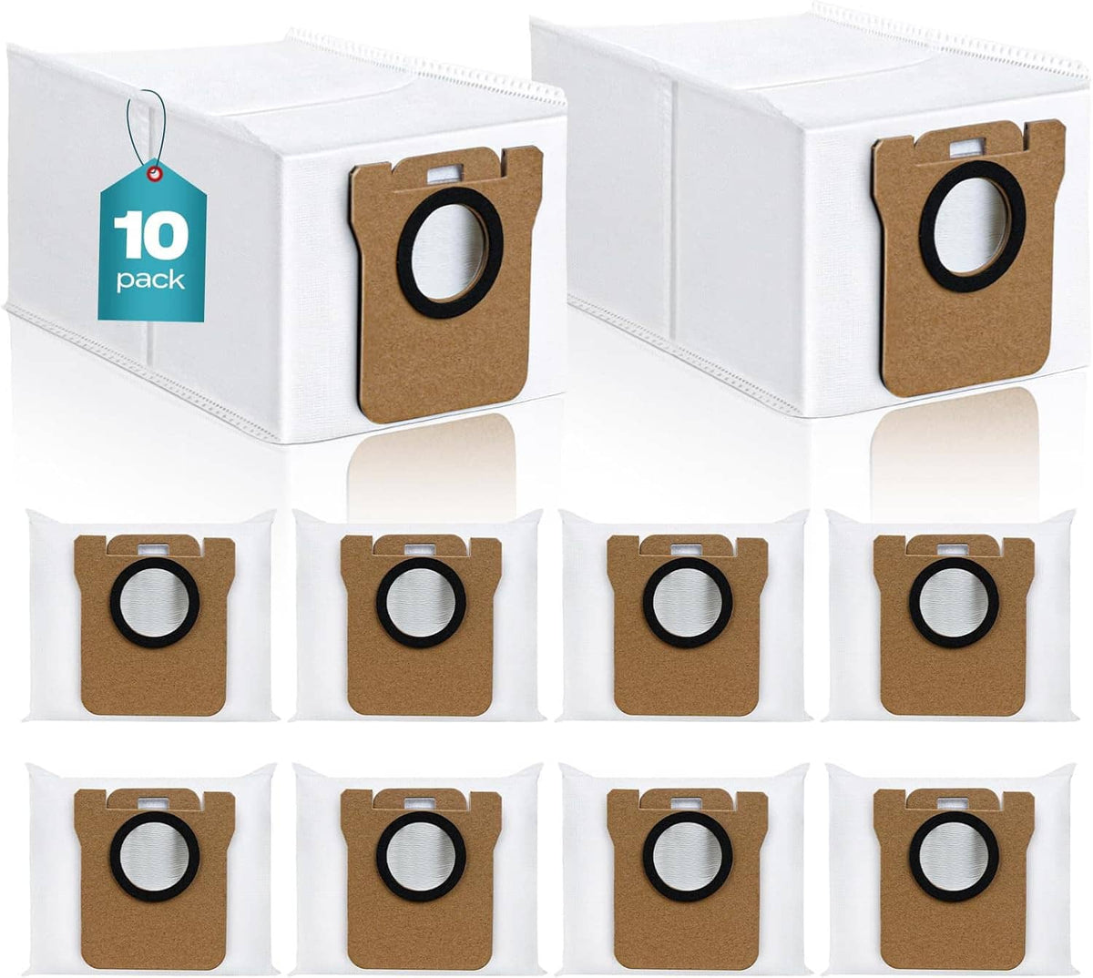 10-pack vacuum cleaner bags in white boxes with brown bag filter and black seal ring