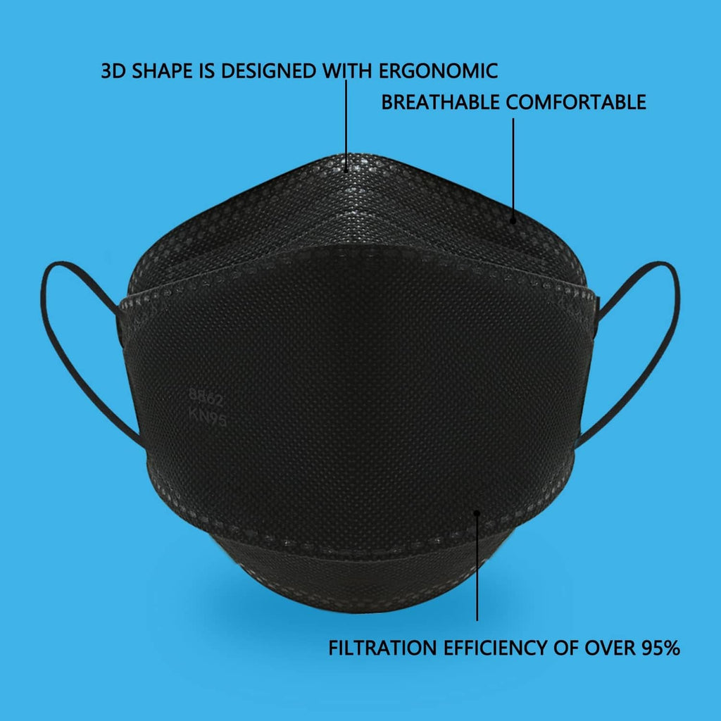 Black KN95 face mask with pleated center seam and ear loops