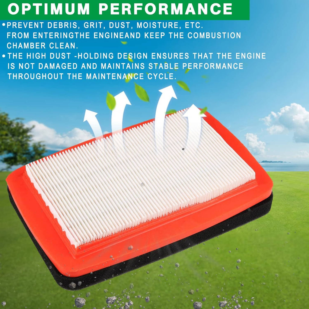 Air filter with red frame and white pleated media, mounted on black base