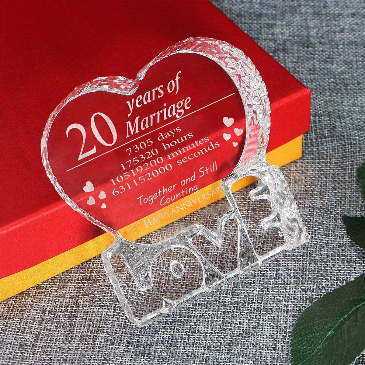 Engraved crystal heart keepsake with red panel reading 20 years of Marriage and LOVE
