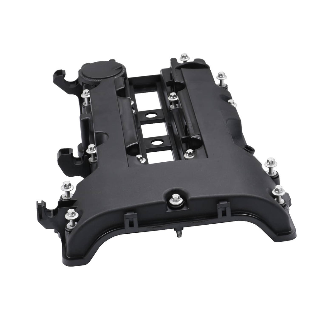 Black valve cover with integrated gasket and screw terminals, angled top view