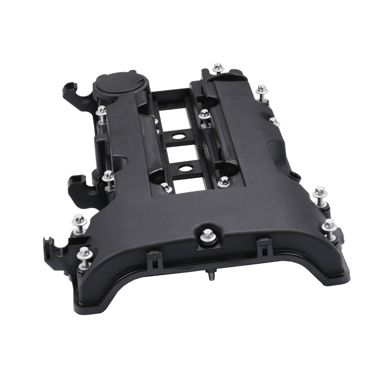 Black valve cover with integrated gasket and screw terminals, angled top view
