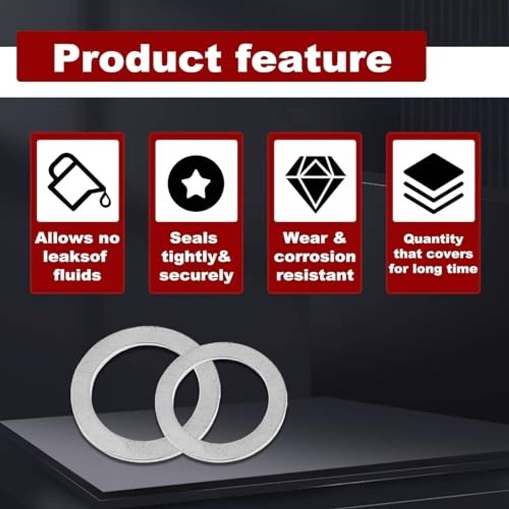 Transmission drain plug crush washer set with feature icons and two silver ring washers