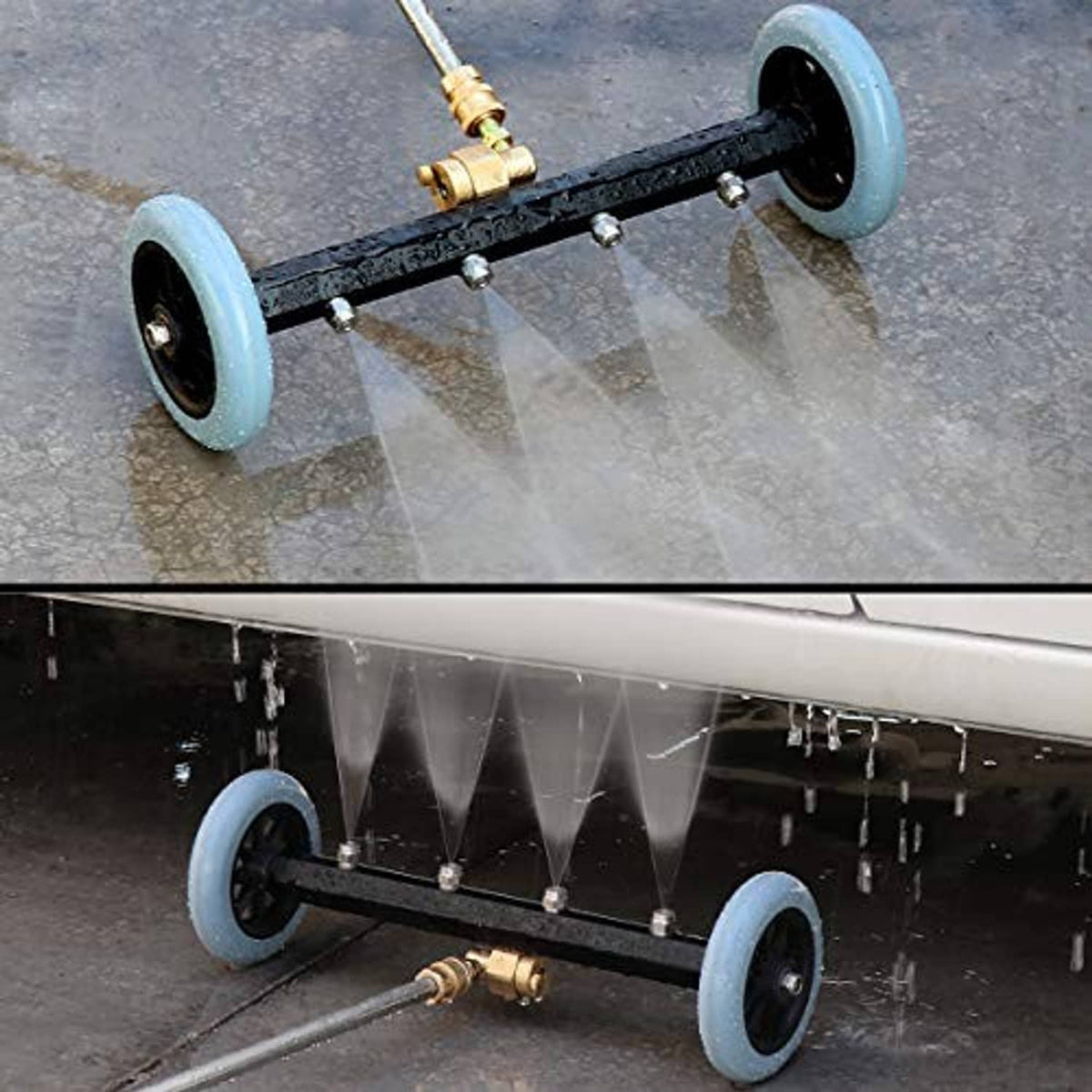 Pressure washer undercarriage cleaner spraying under vehicle with blue wheels