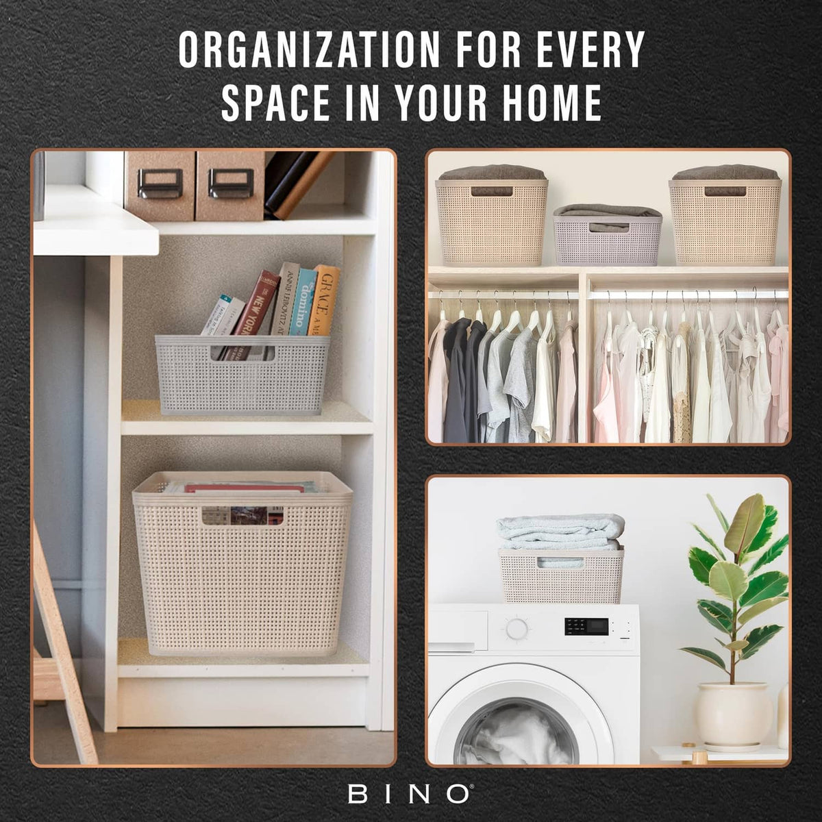 Natural woven storage baskets with built-in cutout handles for home organization