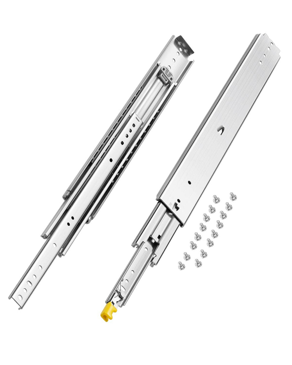 Heavy-duty full-extension drawer slide pair with soft-close hardware, steel rails and brackets