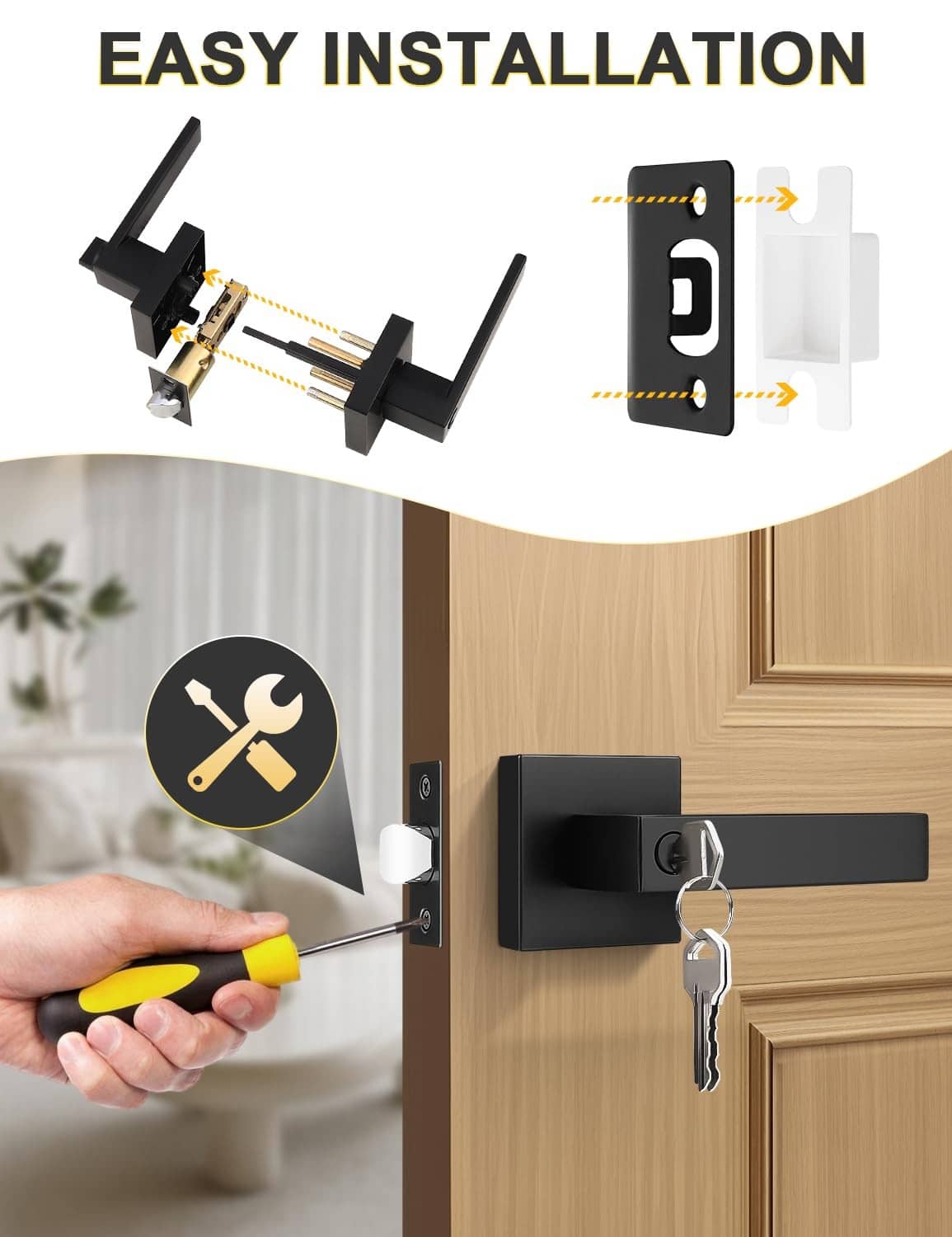 Black entry door lever handle during installation with screwdriver and alignment tool