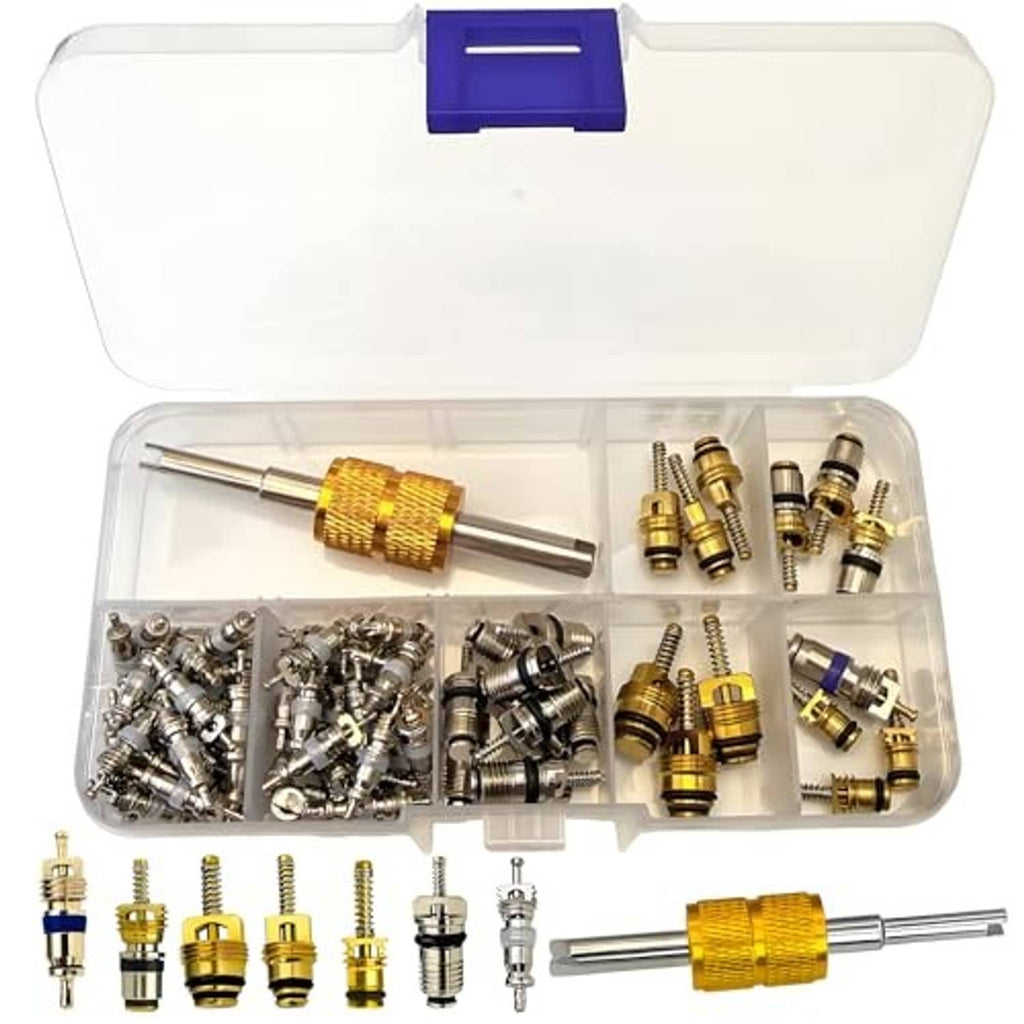 Open storage case holding A/C valve cores and metal removal tool