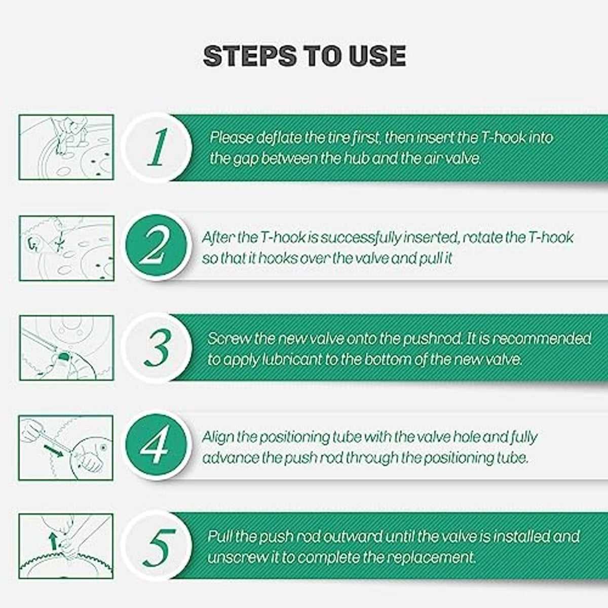 Instruction steps card for tire valve stem replacement tool set