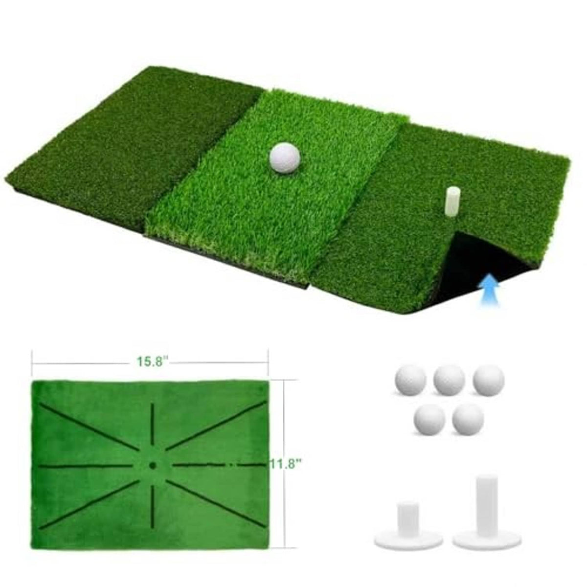 Folding green golf practice mat with center ball target zone and tee markers