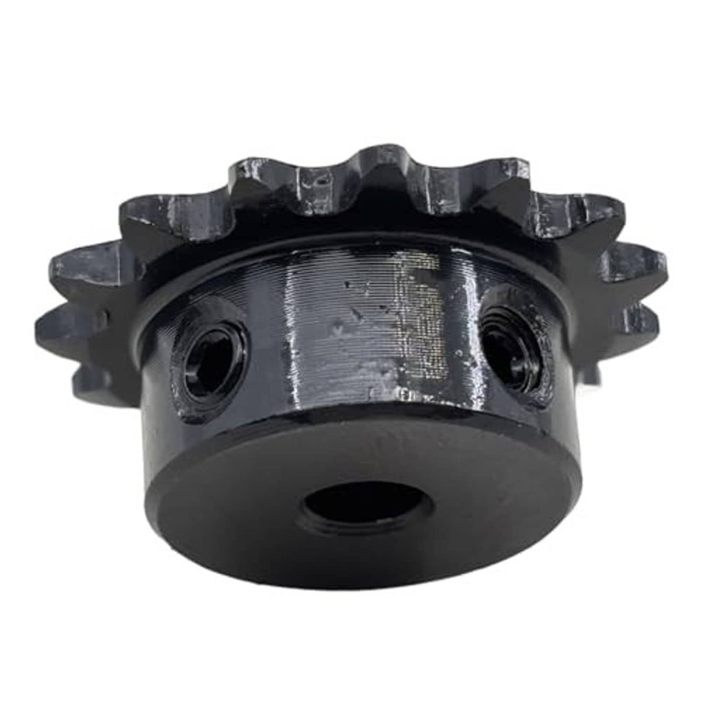 Black roller chain sprocket close-up, toothed rim with two side holes, 6mm bore