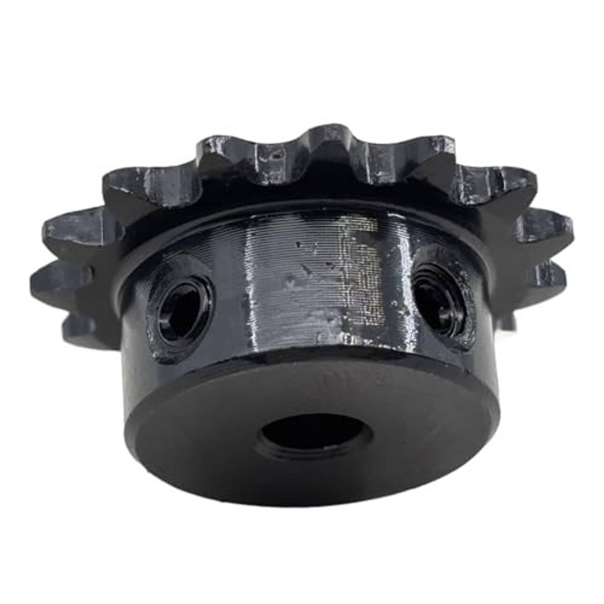 Black roller chain sprocket close-up, toothed rim with two side holes, 6mm bore