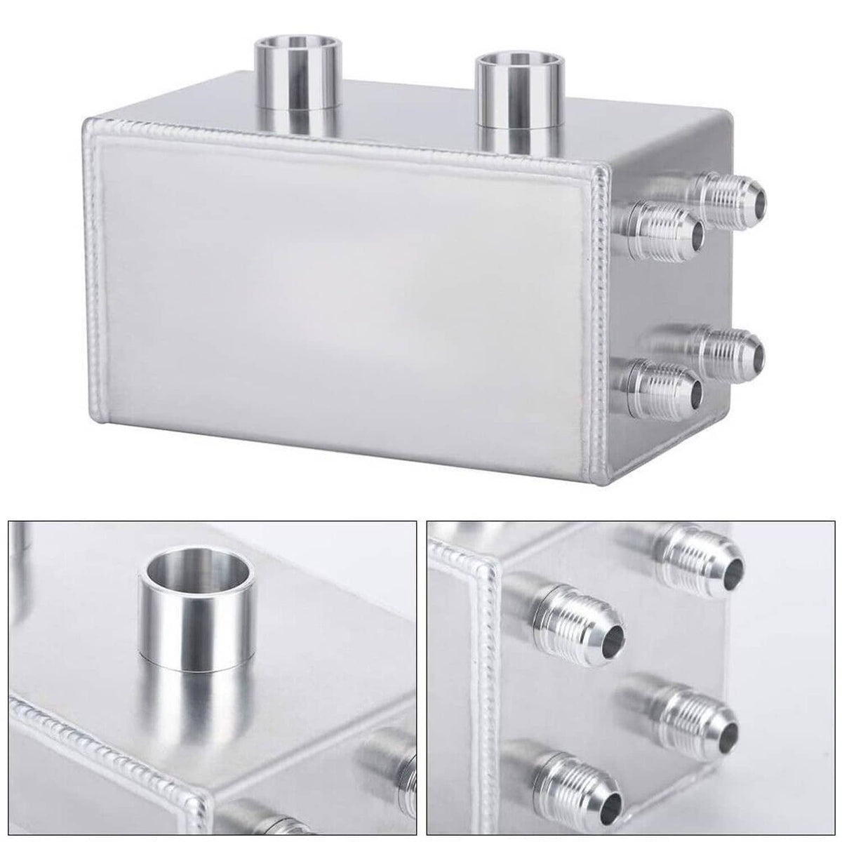 Rectangular oil catch can with two top tubes and multiple side outlet ports, silver finish