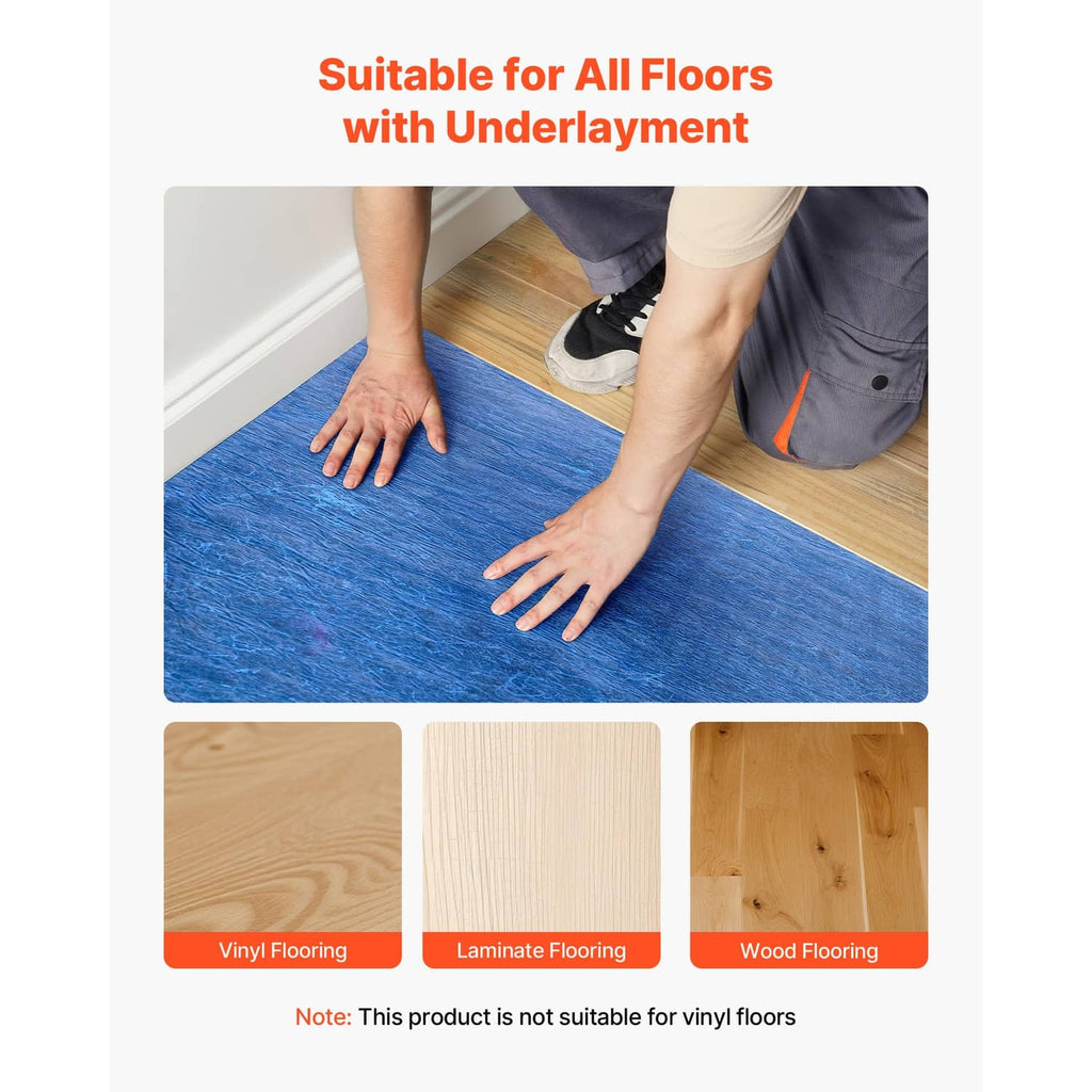 Blue floor underlayment laid on subfloor beneath wood planks, dark backing edge
