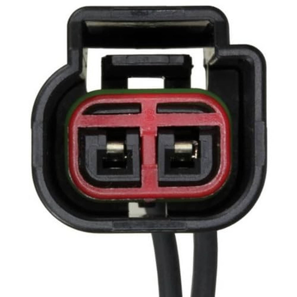 Engine sensor connector plug with black outer housing, red insert, and two metal terminals