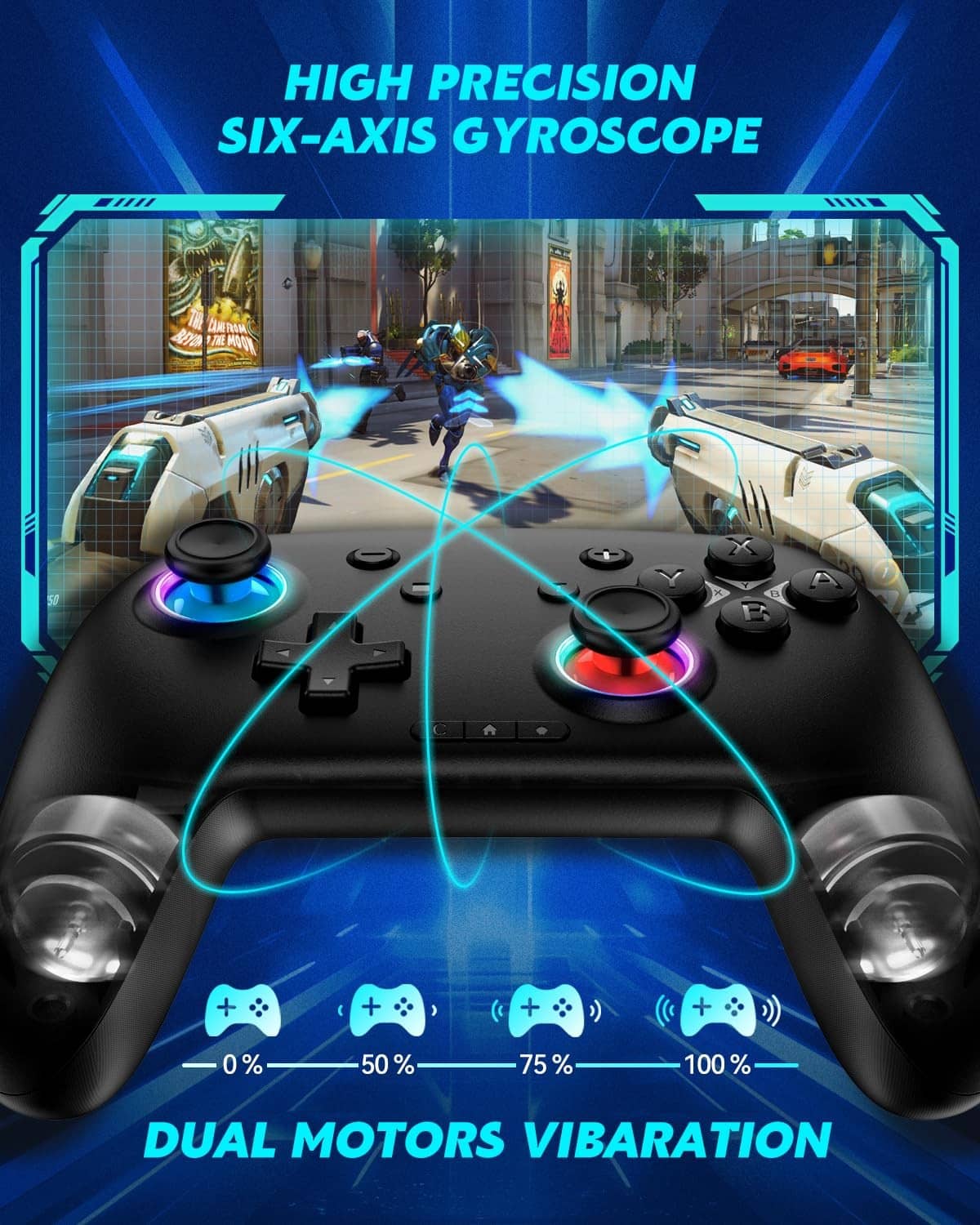 Black dual-motor game controller with two thumbsticks and glowing triggers