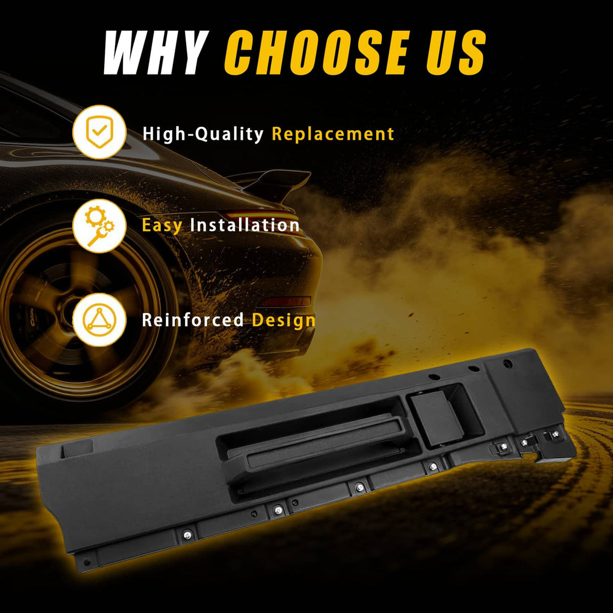Black interior door handle replacement panel with recessed grip and mounting hardware