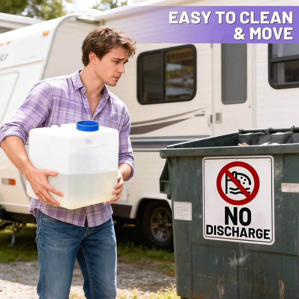Portable toilet care jug container shown next to lavender poo powder packets