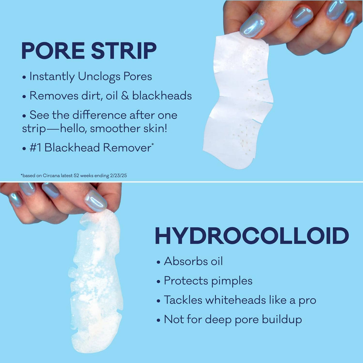 White pore strip held in hand with pore strip and hydrocolloid feature list
