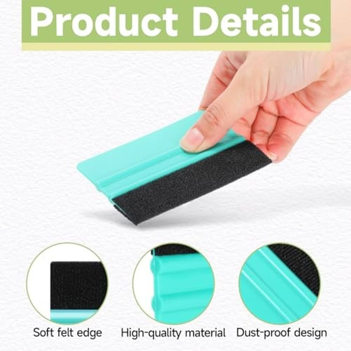 Turquoise vinyl squeegee with black felt edge, held in a hand
