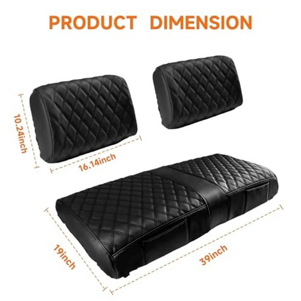 Black quilted golf cart seat cover set diagram showing backrest and bench cushion