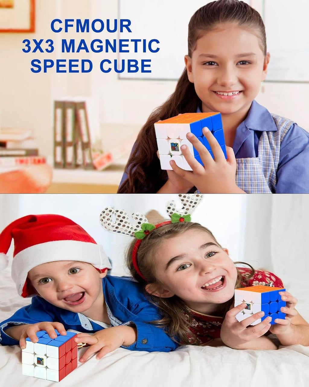 3x3 magnetic speed cube held by children, showing blue and white faces