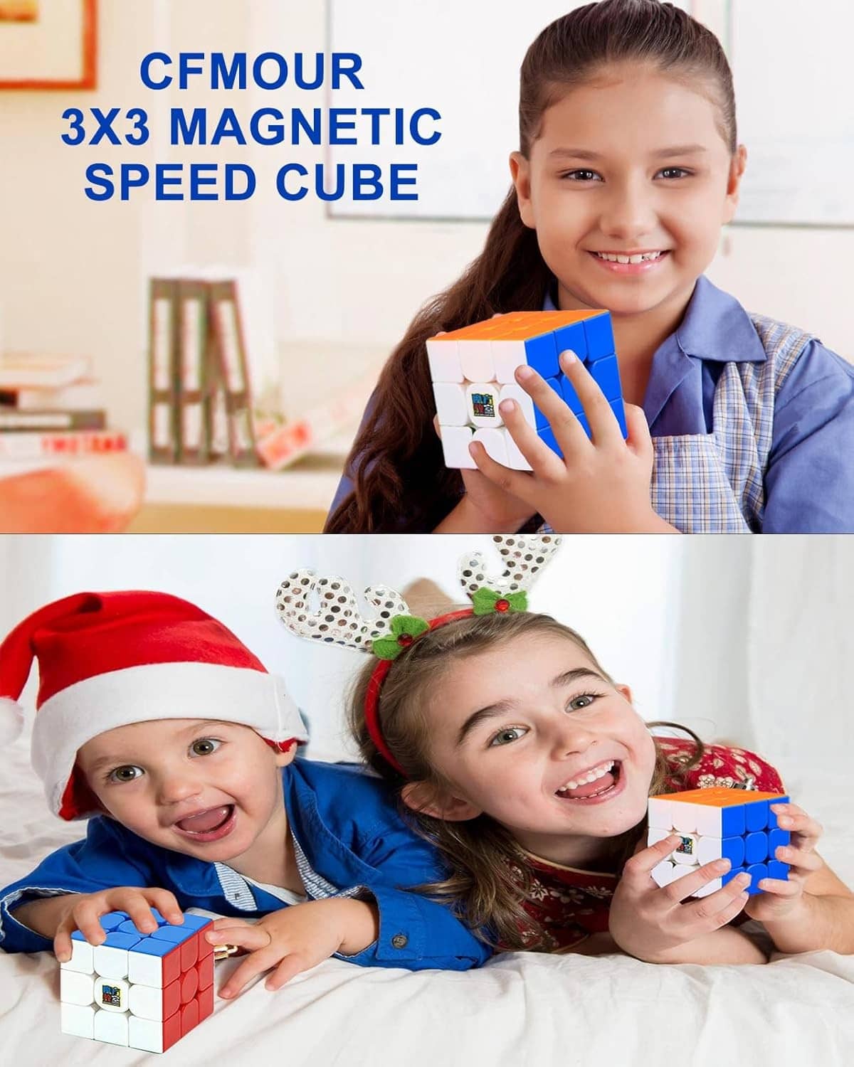 3x3 magnetic speed cube held by children, showing blue and white faces