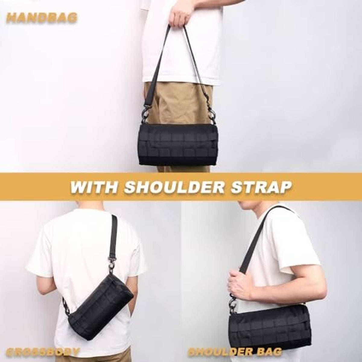 Black crossbody motorcycle bag with shoulder strap and top webbing panel