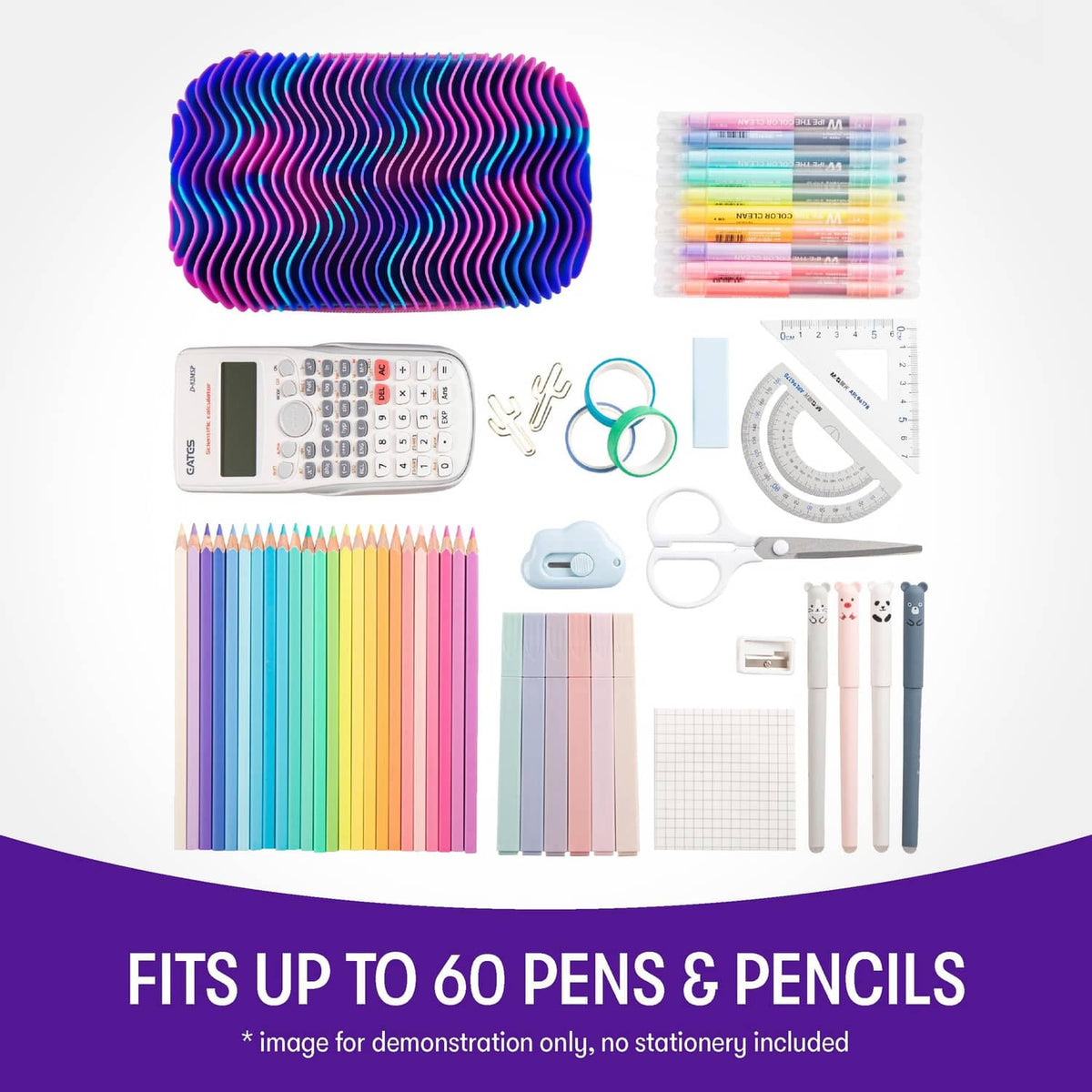 Wavy silicone pencil case with ridged purple-blue top shown with school supplies