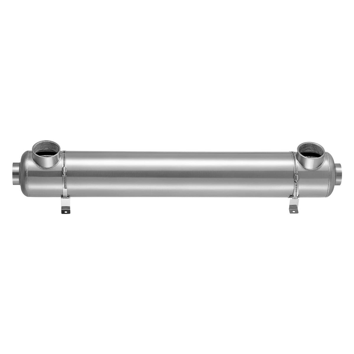 Stainless steel shell-and-tube heat exchanger bar with two end caps and ports