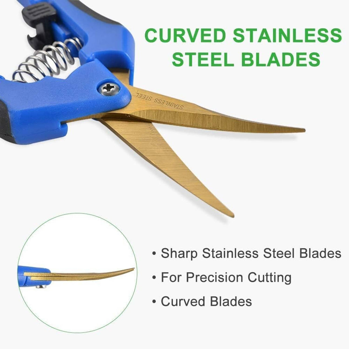 Blue pruning shears with curved golden blades and spring handle mechanism