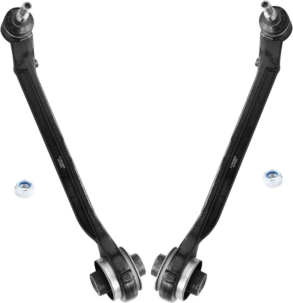 Front lower control arms with ball-joint ends and rubber bushings, dark metal finish