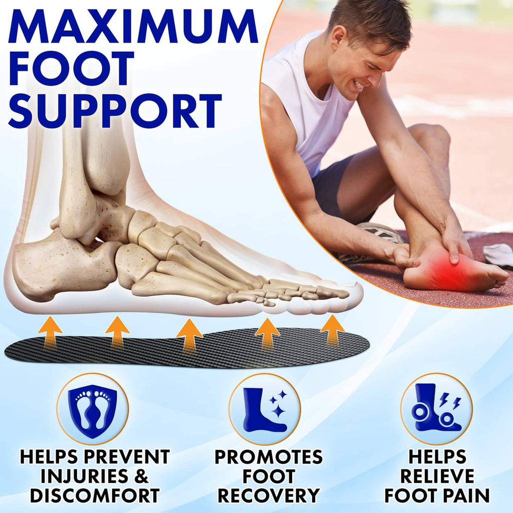 Carbon fiber insole showing support zones for foot pain relief.