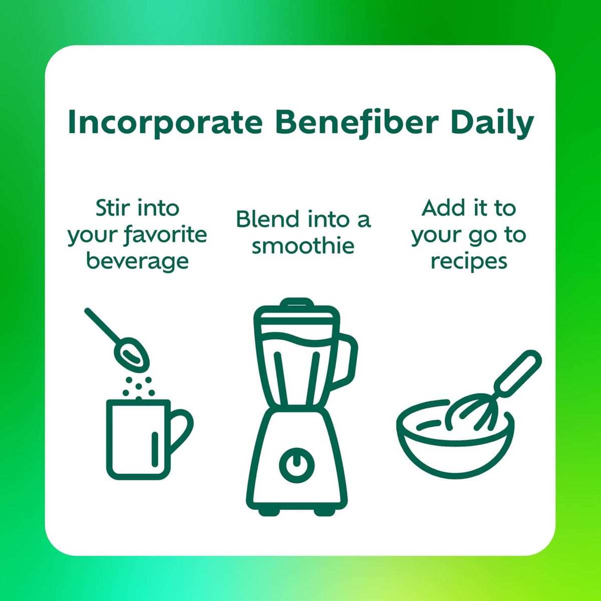 Prebiotic fiber supplement usage card: stir into beverages, blend or add to recipes