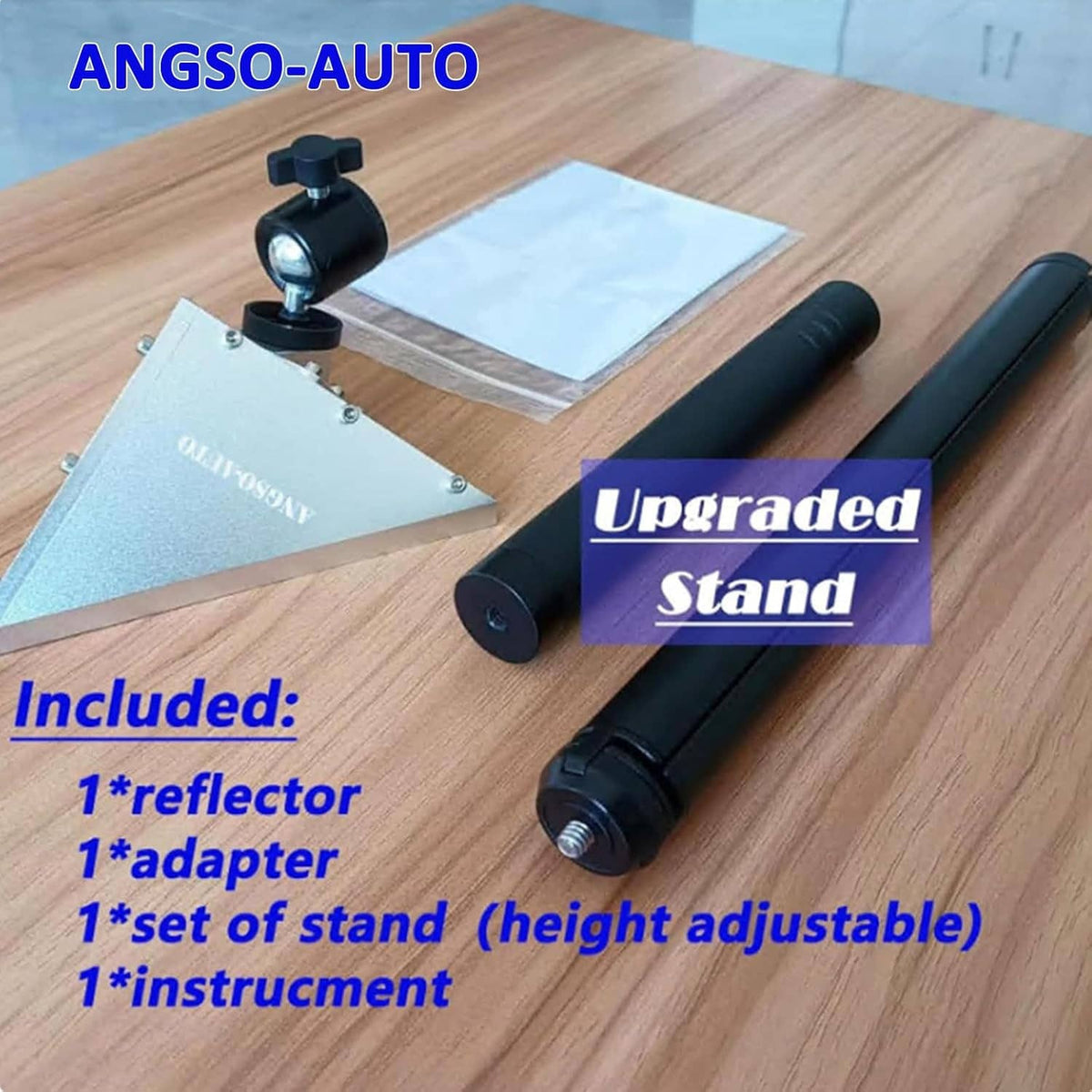 Radar calibration kit components: triangular reflector, adapter, and adjustable stand