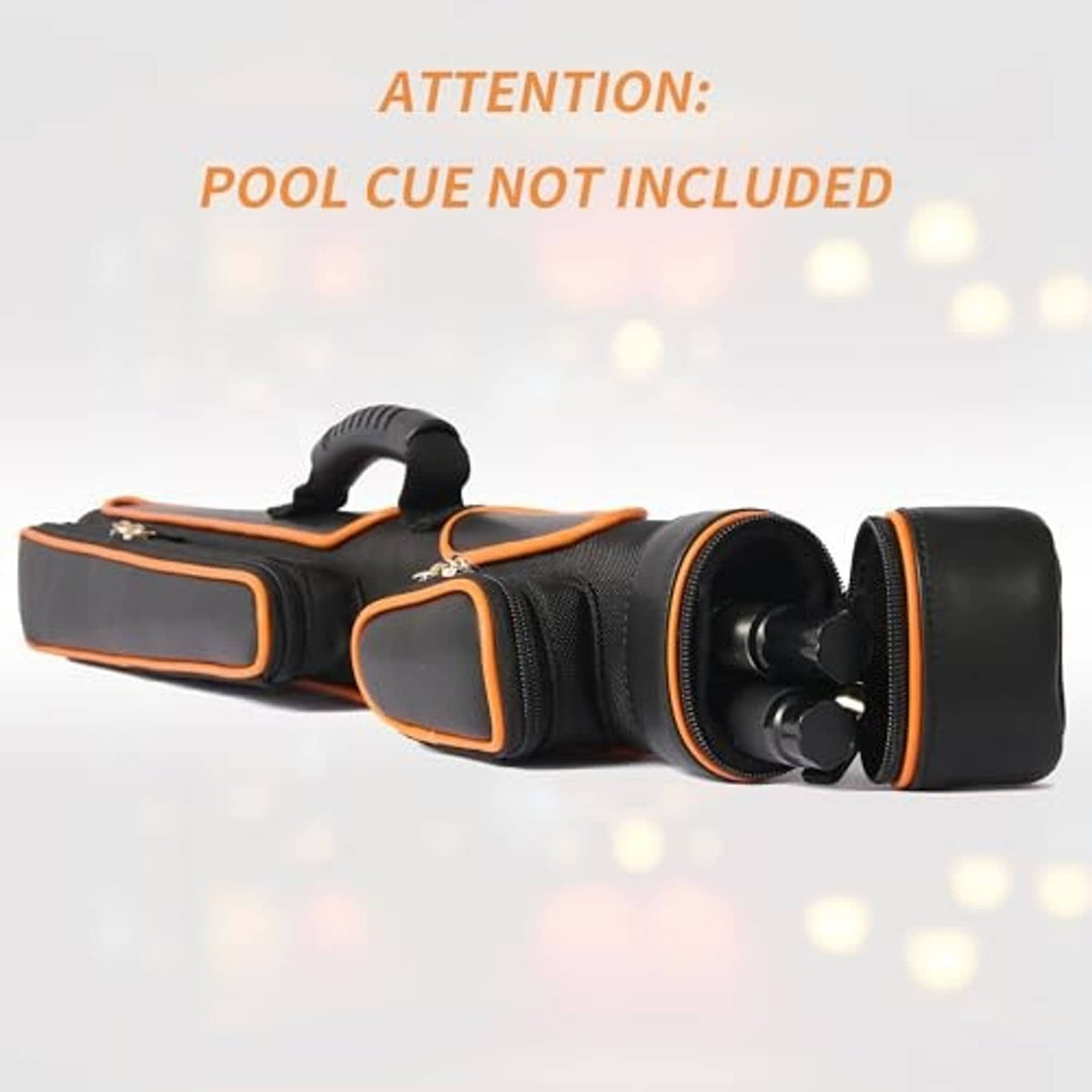 Hard pool cue case open end with plush lining and zipper track, black with orange piping