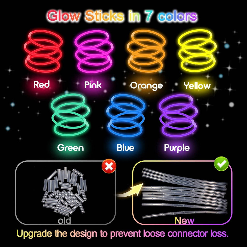 Glow sticks in seven colors with coiled loops and connector pieces