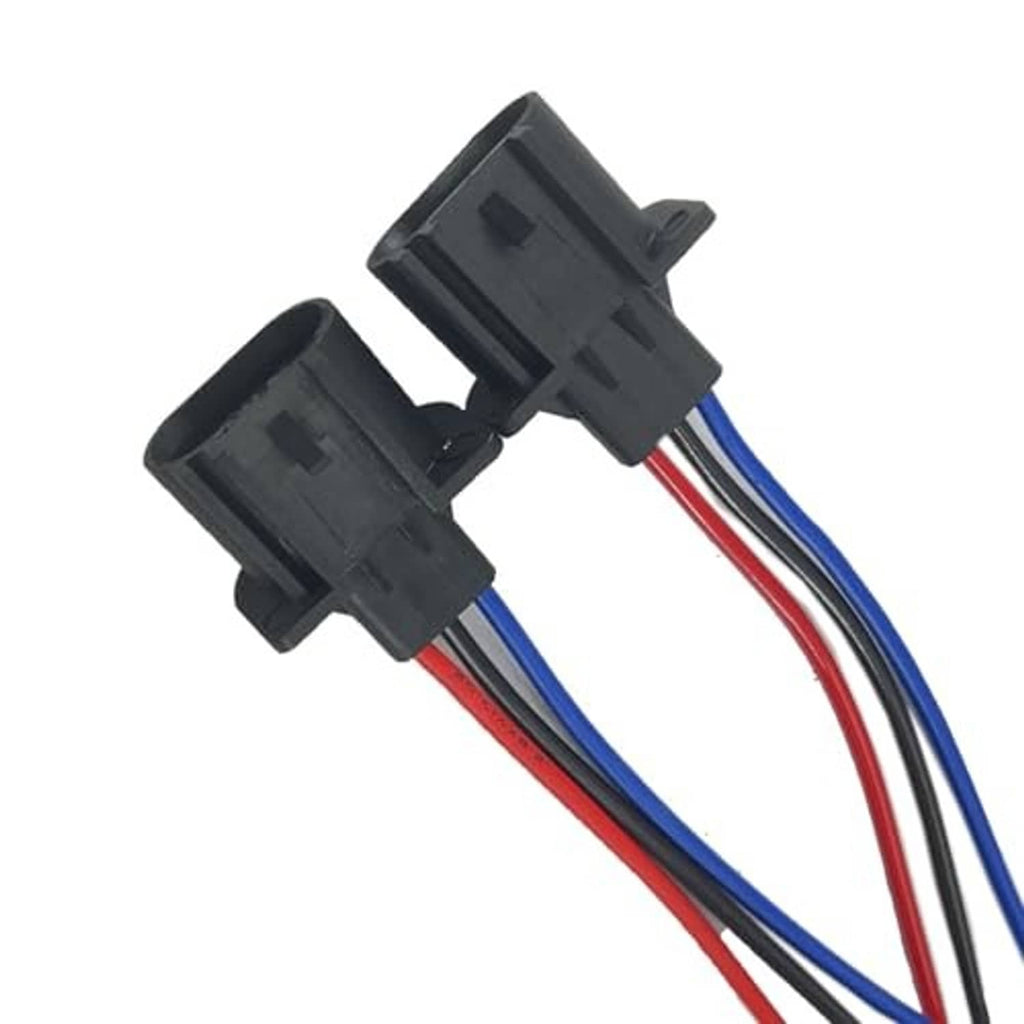 Two headlight harness pigtails with black sockets and red/blue/black wire connections