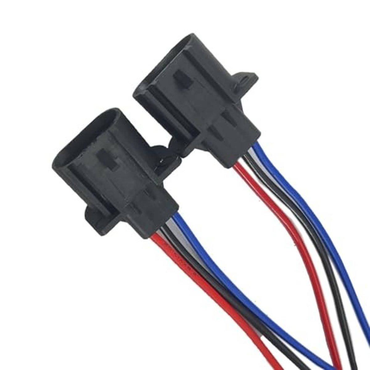 Two headlight harness pigtails with black sockets and red/blue/black wire connections