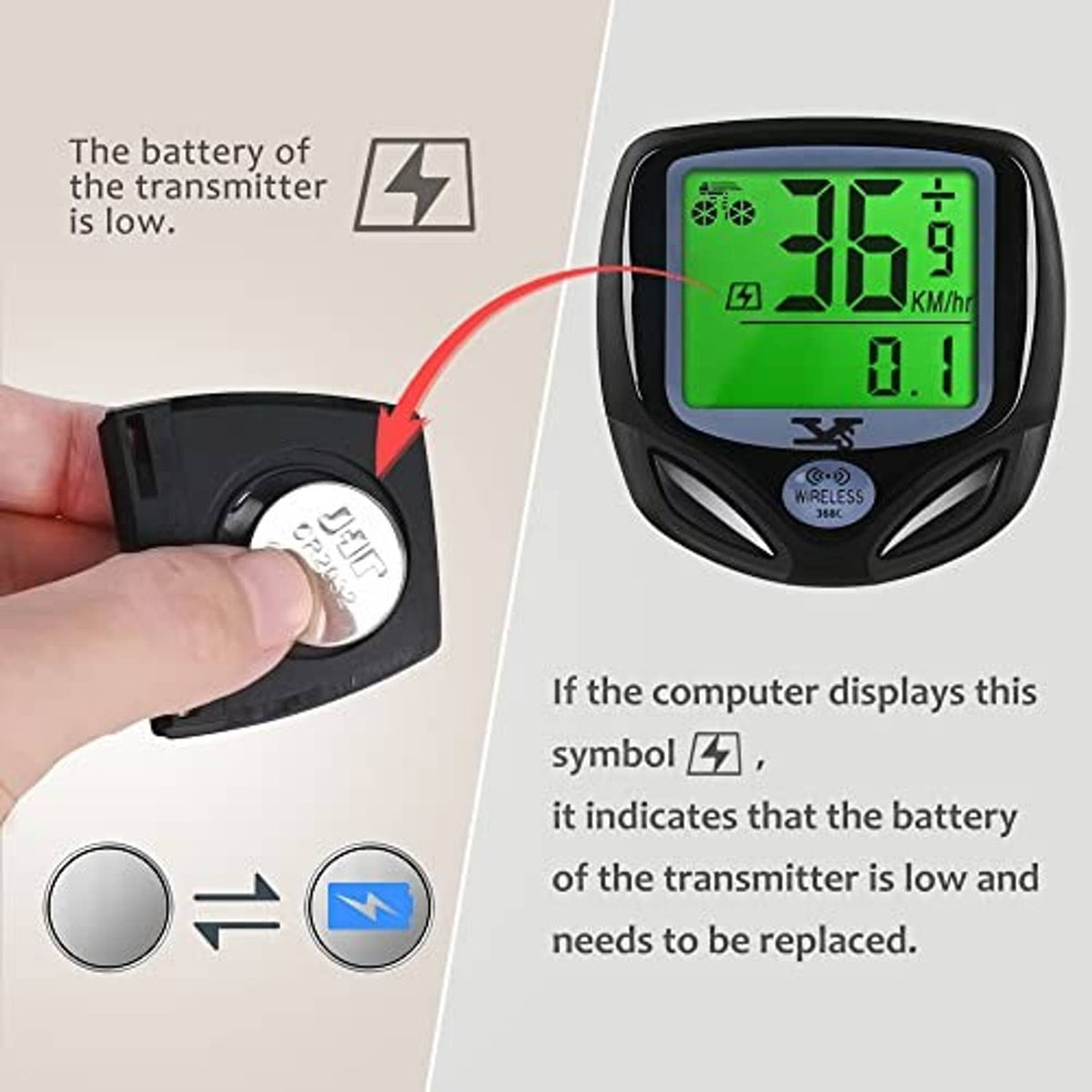 Bike computer battery low alert with transmitter icon and LCD showing speed and distance
