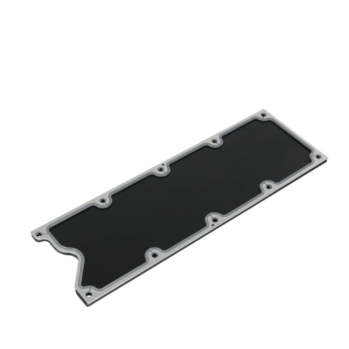 Engine valley cover plate with gasket, black sealing surface and silver bolt holes