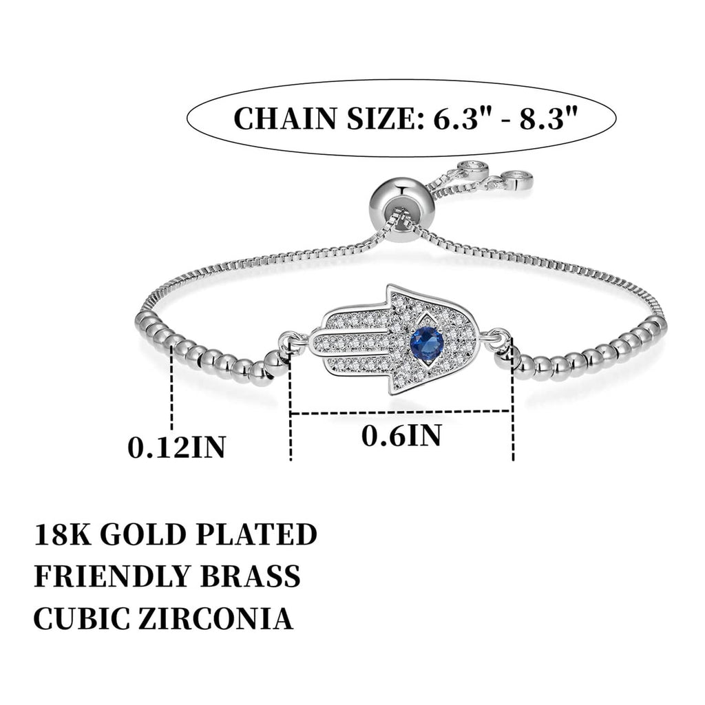 Silver hamsa charm bracelet, chain size 6.3–8.3 in, blue center stone