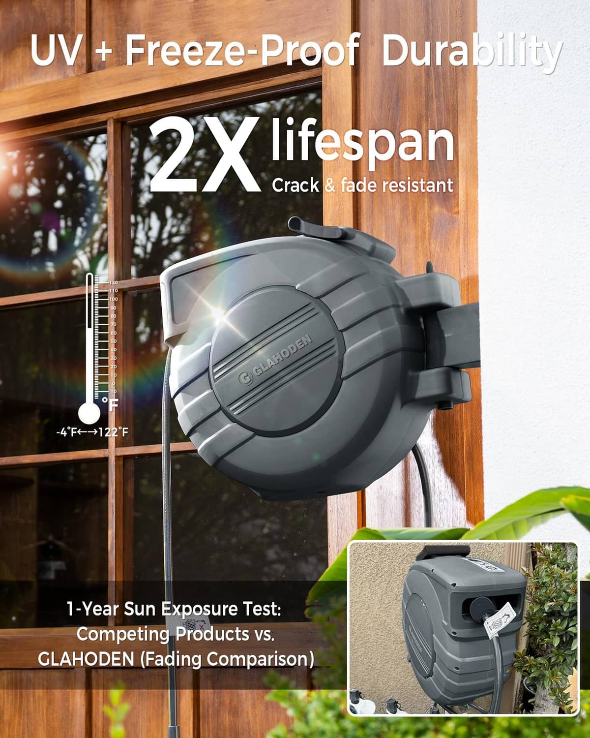 Dark gray wall-mounted hose reel with coiled hose and black-and-gray nozzle