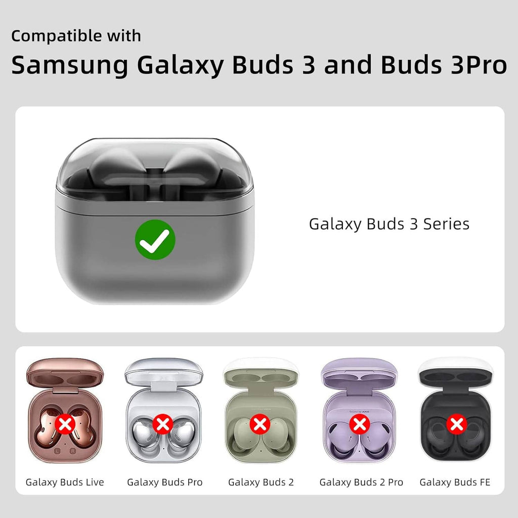 Gray silicone earbuds case cover with check icon; compatible Galaxy Buds 3 series shown