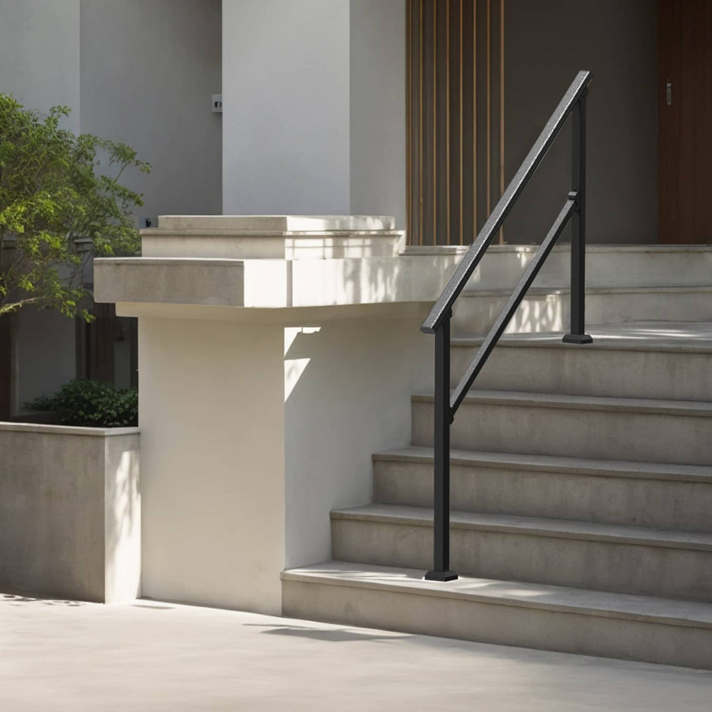 Outdoor 4–5 step handrail, black carbon steel, mounted on porch steps