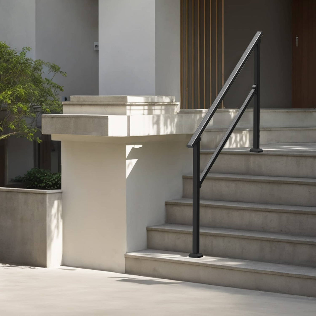 Outdoor 4–5 step handrail, black carbon steel, mounted on porch steps