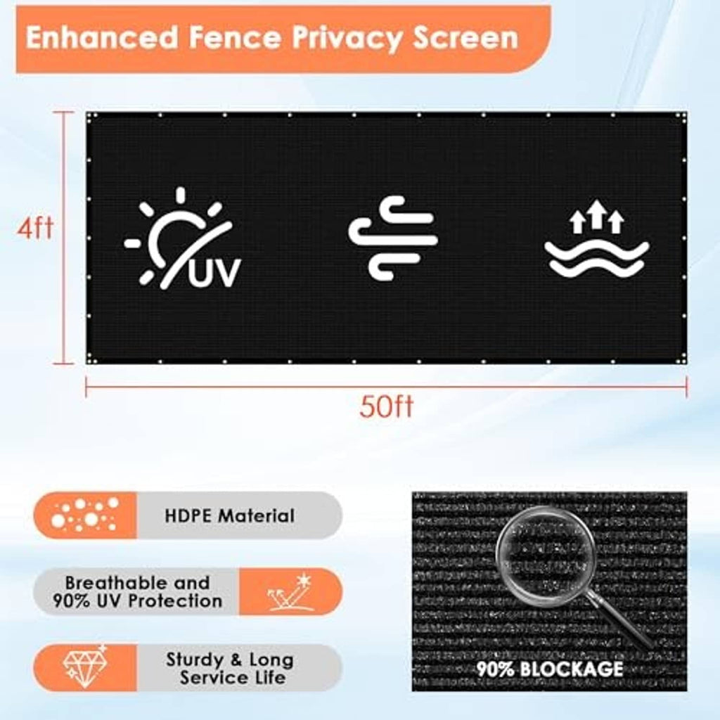 Black privacy screen fence panel with size markings and protection icons