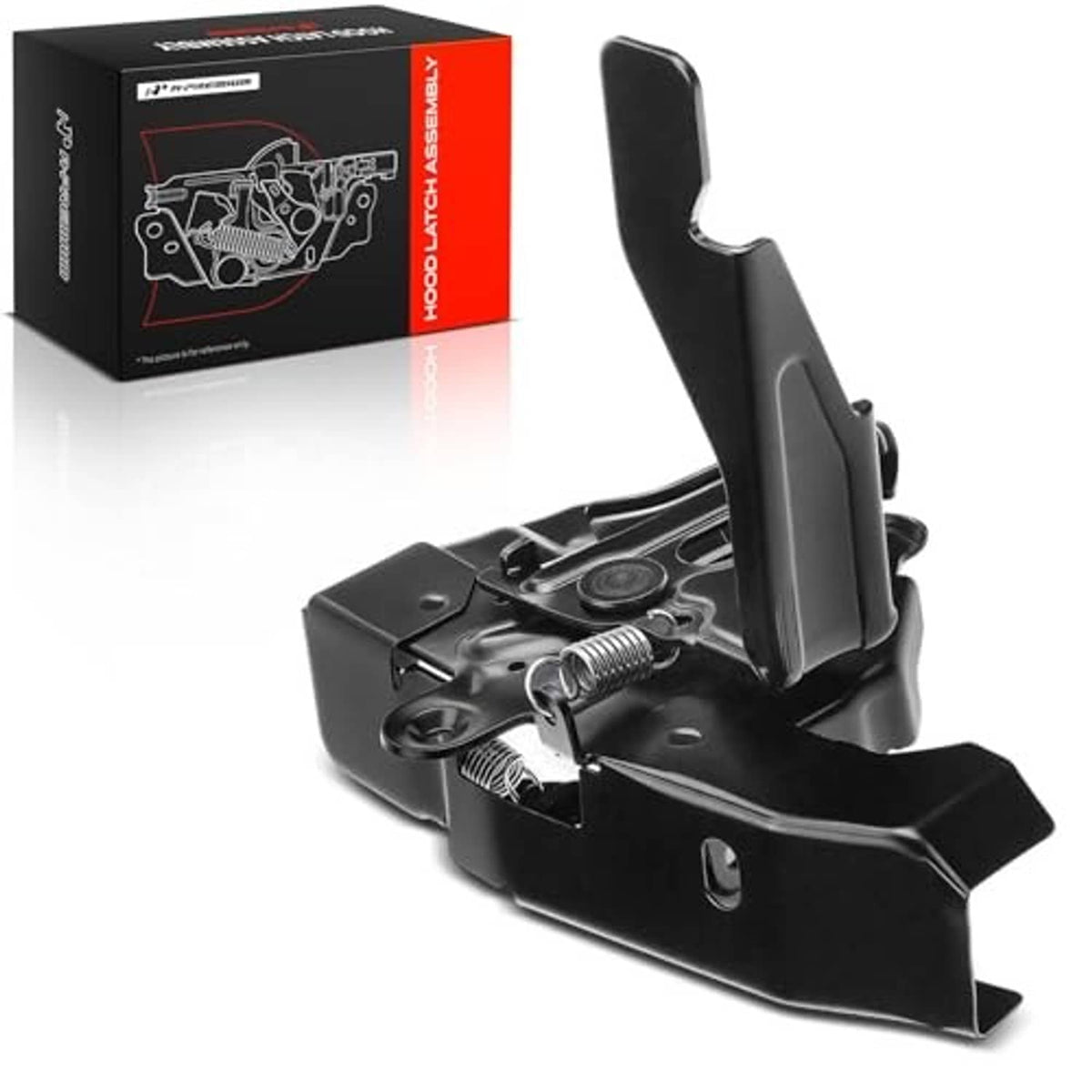 Black hood latch lock mechanism with long lever arm and mounting base