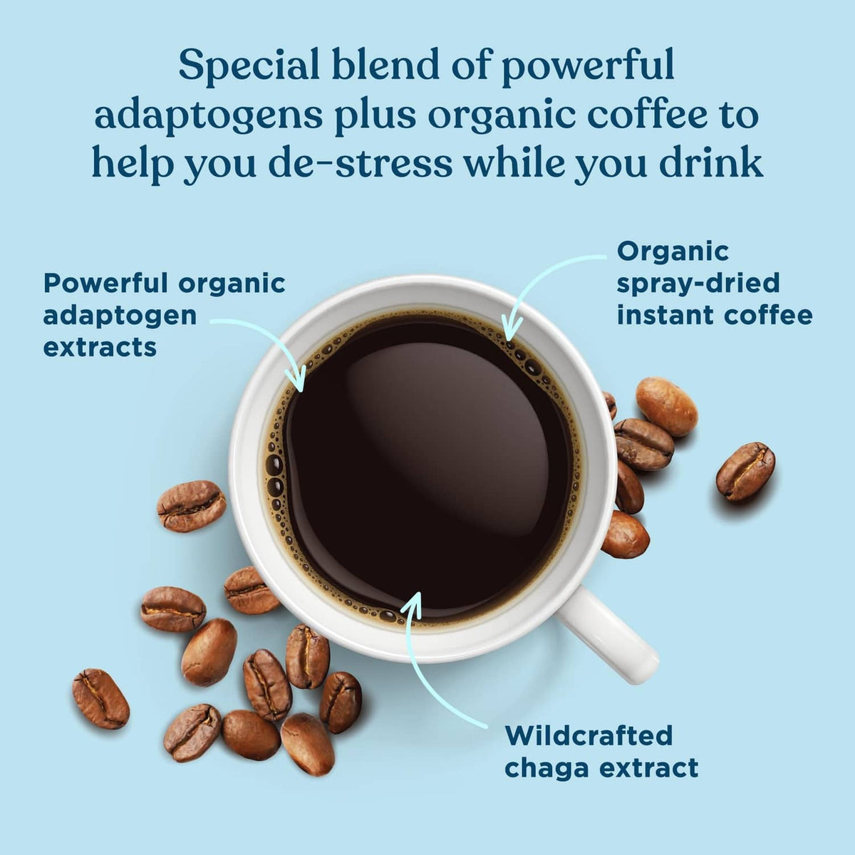 Cup of dark instant coffee with scattered coffee beans around