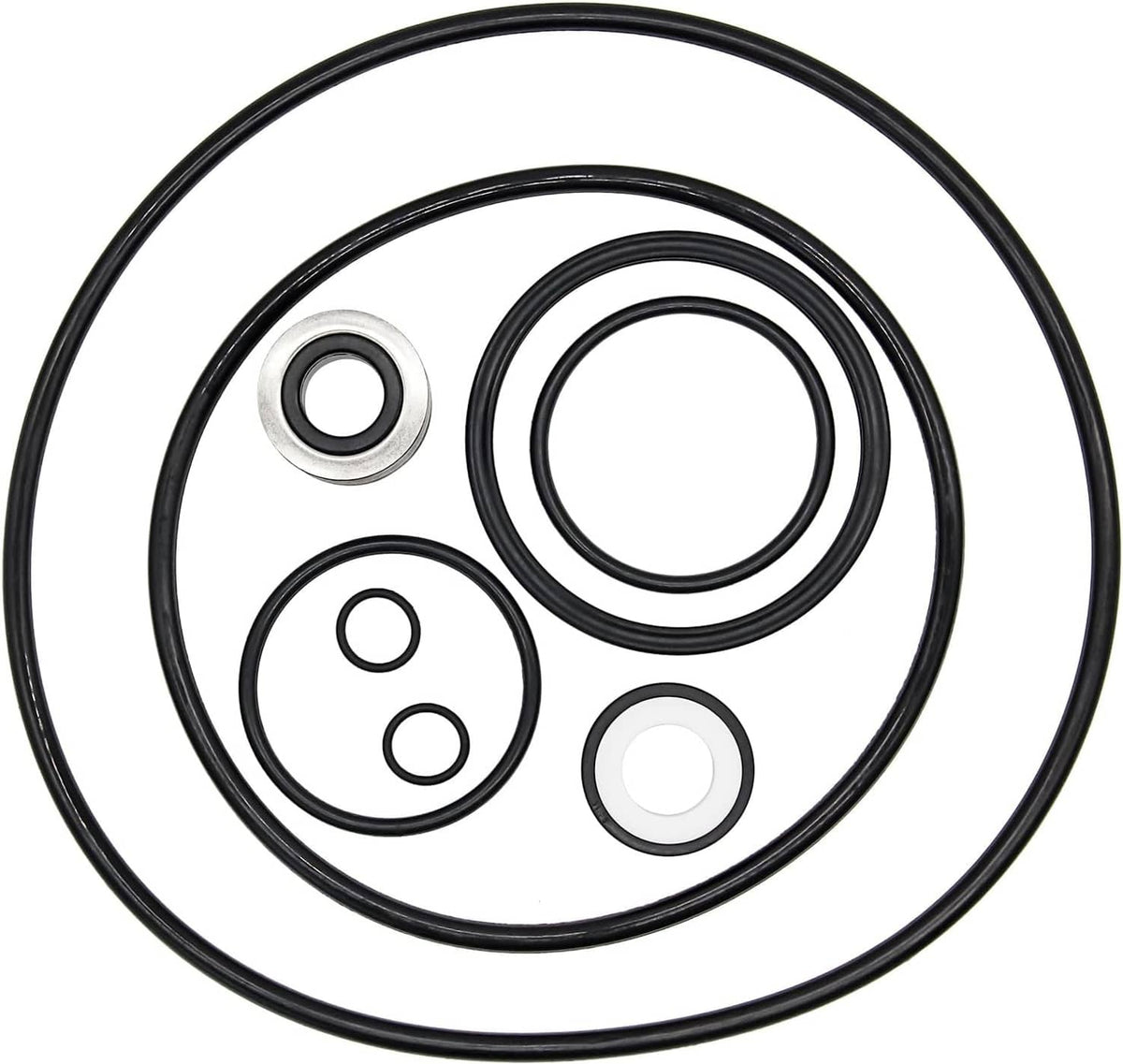 Pool pump O-ring seal kit with multiple black rubber rings and a white seal face